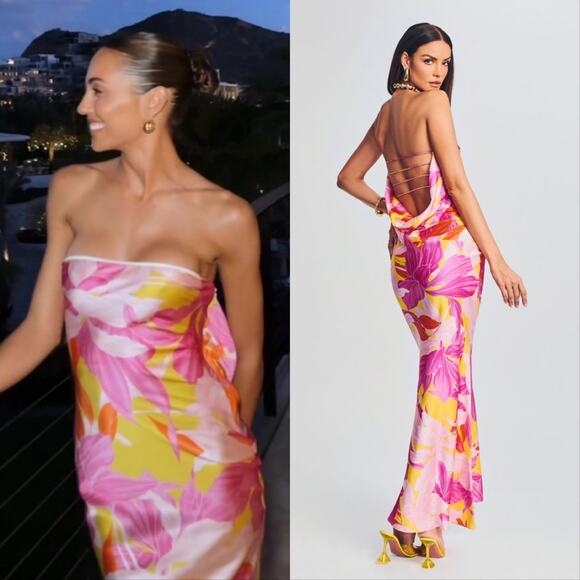 Retrofete Keaton Silk Strapless Maxi Dress Botanical Floral Pink - Picture 2 of 6